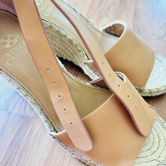 VINCE CAMUTO Lerra Camel Leather Espadrille Wedge Ankle Strap Sandal Sz 7M 37.5 - Picture 9 of 12